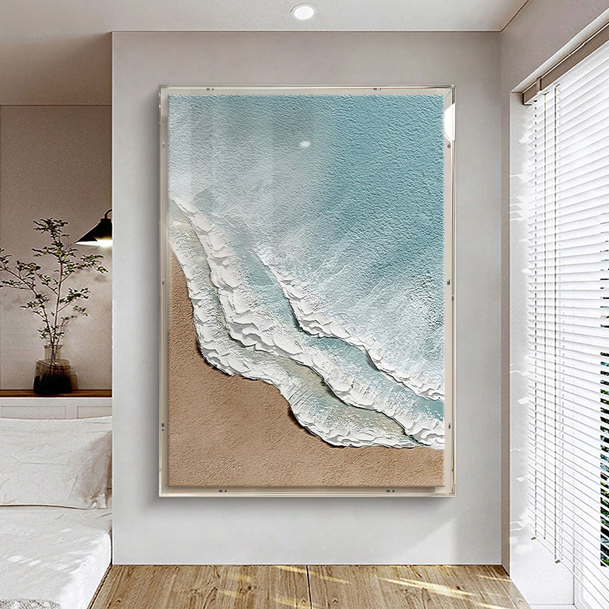 浪吻金滩高级肌理感手绘油画玄关画客厅背景过道墙竖版亚克力挂画