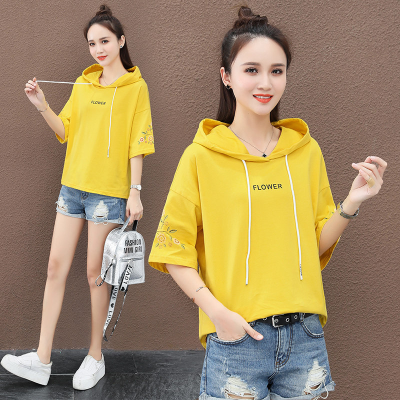 全棉半袖带帽卫衣女五分短袖连帽衫夏季薄款纯棉t恤休闲宽松潮ins|msdalam kategori sukan/pakaian kasual, sweater sukan/pullover - dari Buy2taobao.com untuk memberikan perkhidmatan ejen Taobao profesional membeli