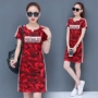 Váy ngụy trang giản dị 2019 hè mới tay áo mỏng cổ tròn A-line Váy ngắn tay dài thể thao - Trang phục thể thao bộ thể thao adidas nữ chính hãng