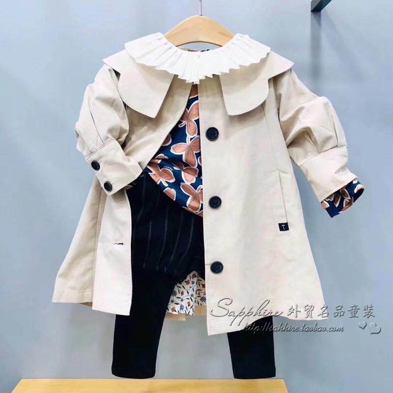 20秋新款韩国童装小雨伞女童宝宝米色花边领单排扣中长款风衣外套