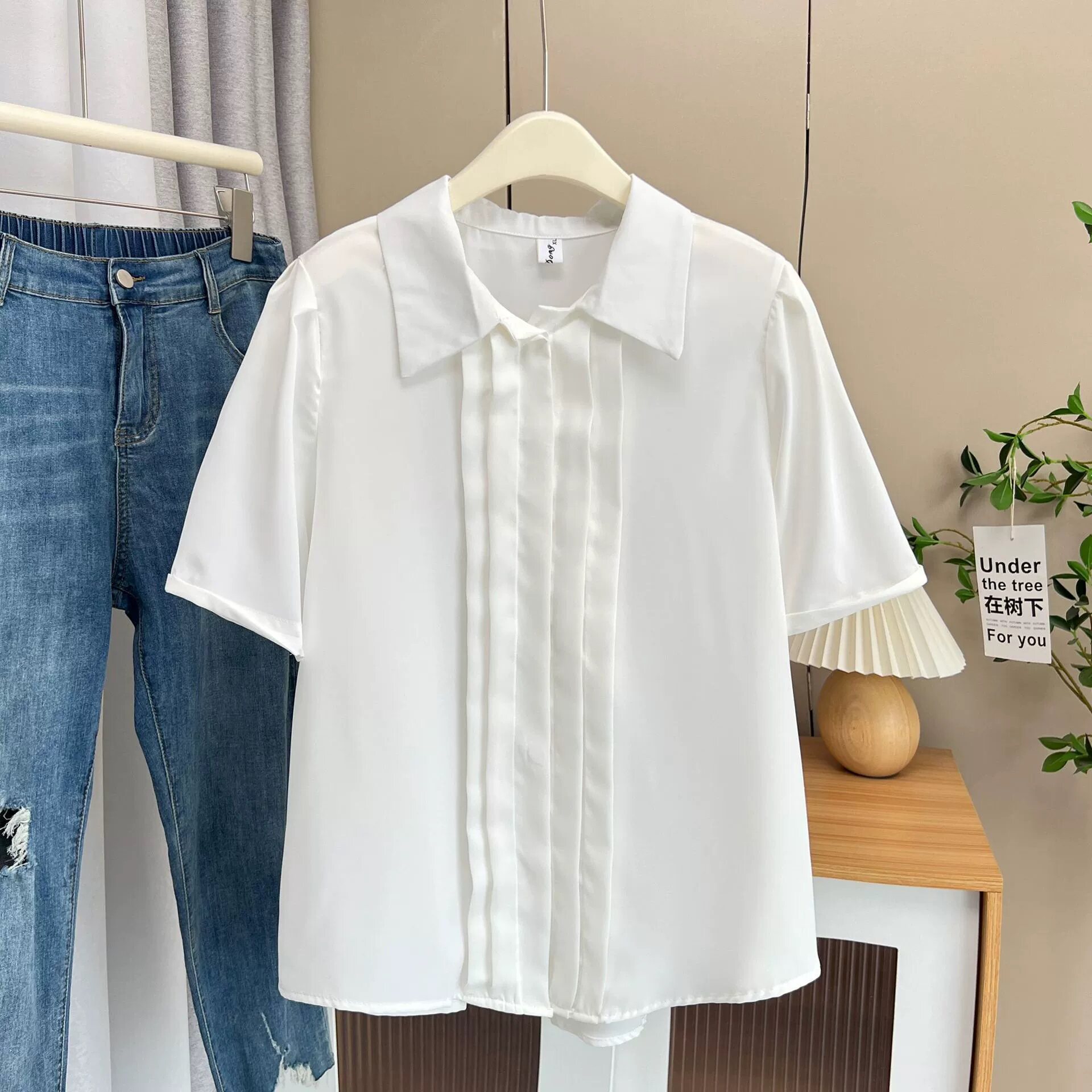 大码雪纺短袖白衬衫女胖mm200斤夏季宽松正肩胖妹妹面试职业衬衣