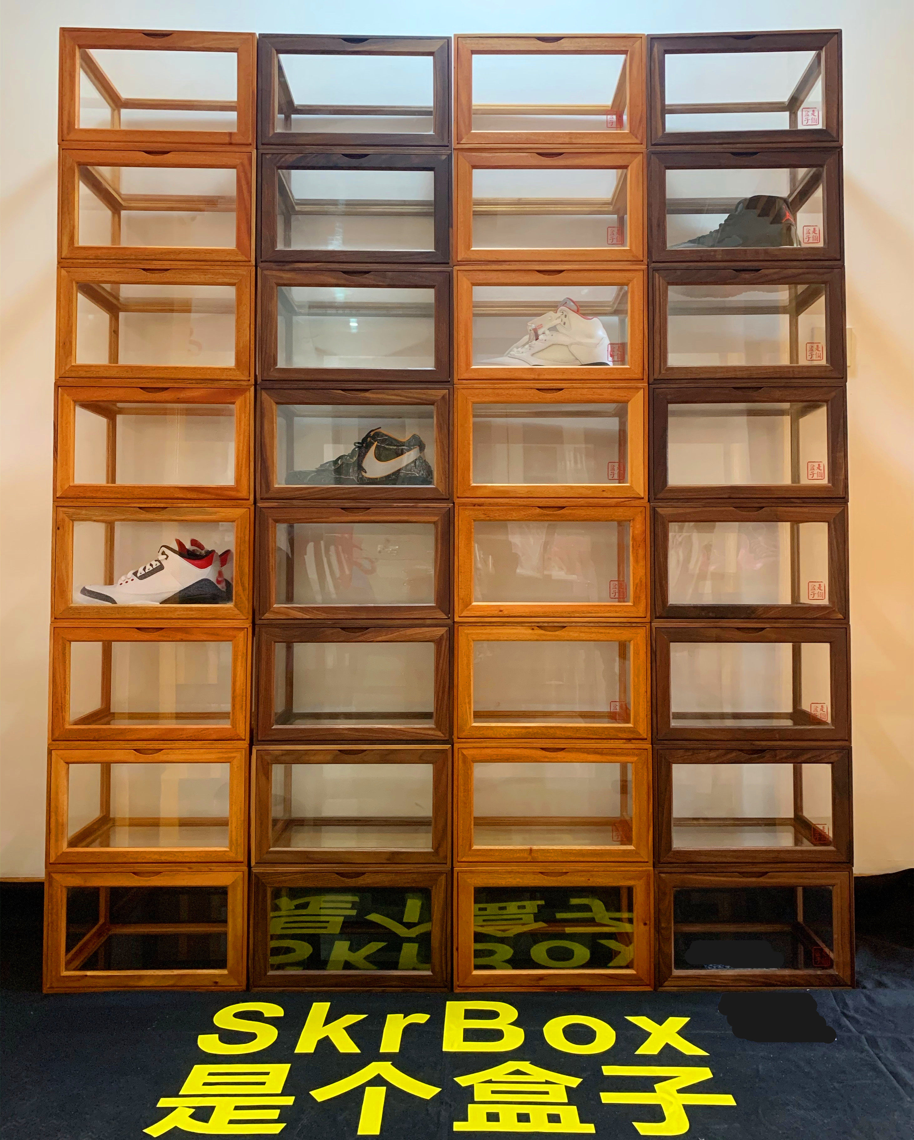 SkrBox高端实木木质鞋盒鞋墙AJ收纳盒手办玩偶透明展示柜现代家居
