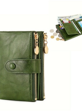 女生钱包双拉链三折短款钱夹复古多卡位短款油蜡皮