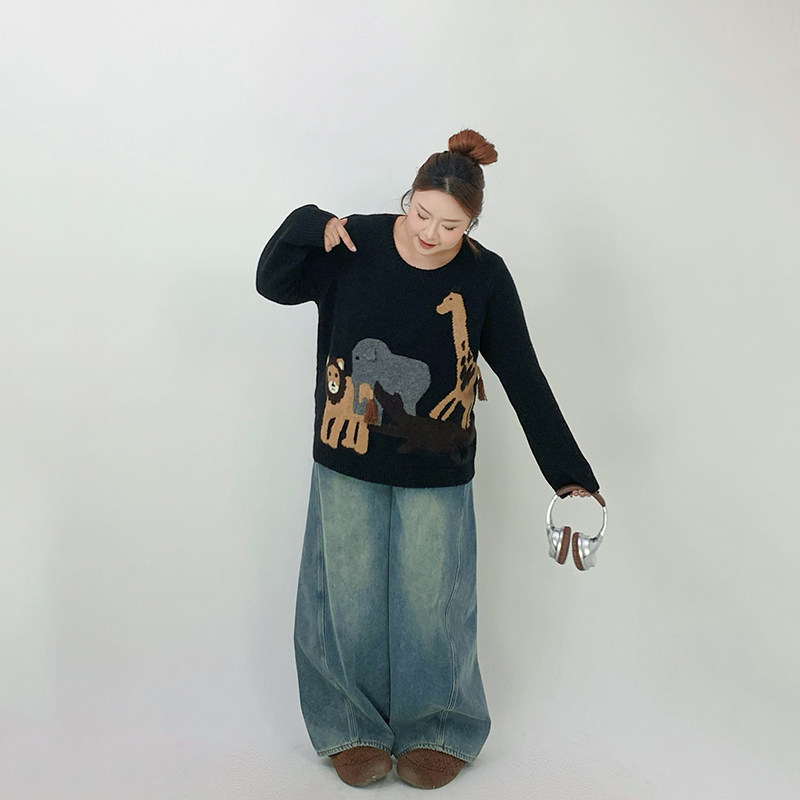 Milu家大码女装秋冬季软糯印花圆领宽松毛衣胖mm显瘦针织衫上衣潮