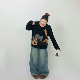 Milu家大码女装秋冬季软糯印花圆领宽松毛衣胖mm显瘦针织衫上衣潮