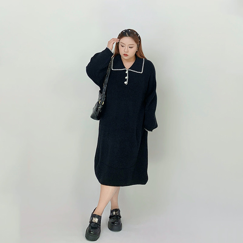 Milu家大码女装冬季慵懒宽松显瘦polo领毛衣裙胖mm显瘦内搭连衣裙