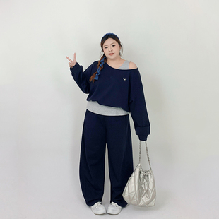 Milu家大码女装春季设计感宽松休闲假两件卫衣弯刀裤胖mm显瘦套装