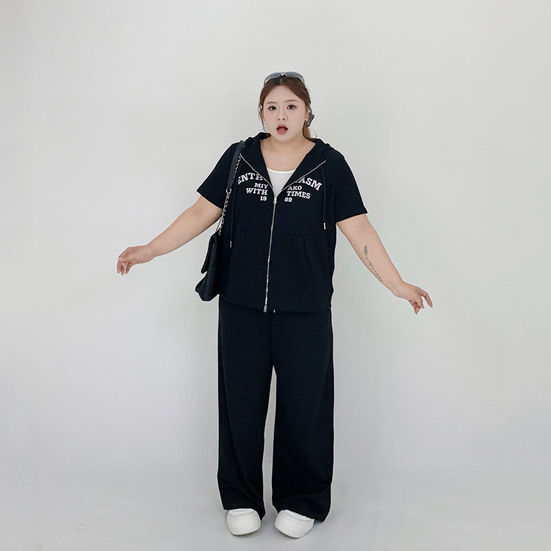 Milu家大码女装夏季短袖双拉链上衣阔腿裤胖mm显瘦休闲百搭套装潮