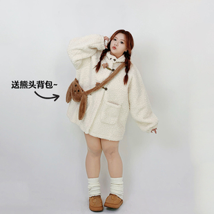 Milu家大码女装冬季可爱毛绒宽松羊羔毛牛角扣胖mm显瘦毛毛外套潮