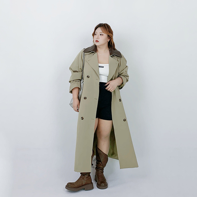 Milu家大码女装秋季高级感休闲宽松拼接长款风衣外套胖mm显瘦大衣