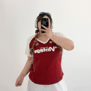 Milu家大码女装夏季美式复古辣妹插肩v领短袖t恤胖mm收腰显瘦上衣