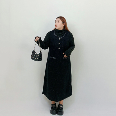 Milu家大码女装冬季气质小香风打底衫长款连衣裙胖mm显瘦两件套装