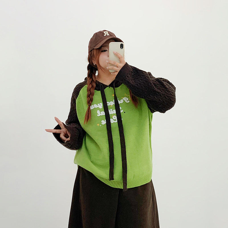 Milu家大码女装秋冬设计感撞色减龄连帽宽松休闲毛衣胖mm显瘦上衣