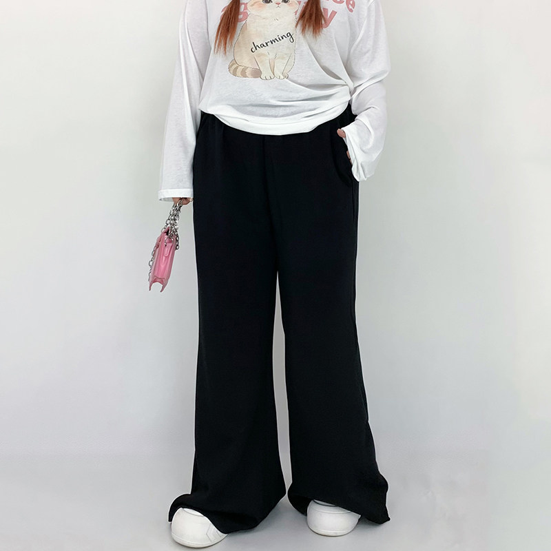 Milu家大码女装夏季黑色高腰弹力休闲微喇叭拖地胖mm显瘦百搭裤子