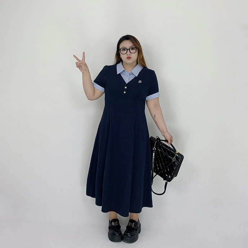 Milu家大码女装夏季学院风假两件胖mm收腰显瘦短袖长款a字连衣裙
