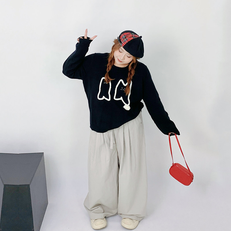 Milu家大码女装秋冬季减龄可爱宽松圆领提花毛衣胖mm显瘦针织上衣