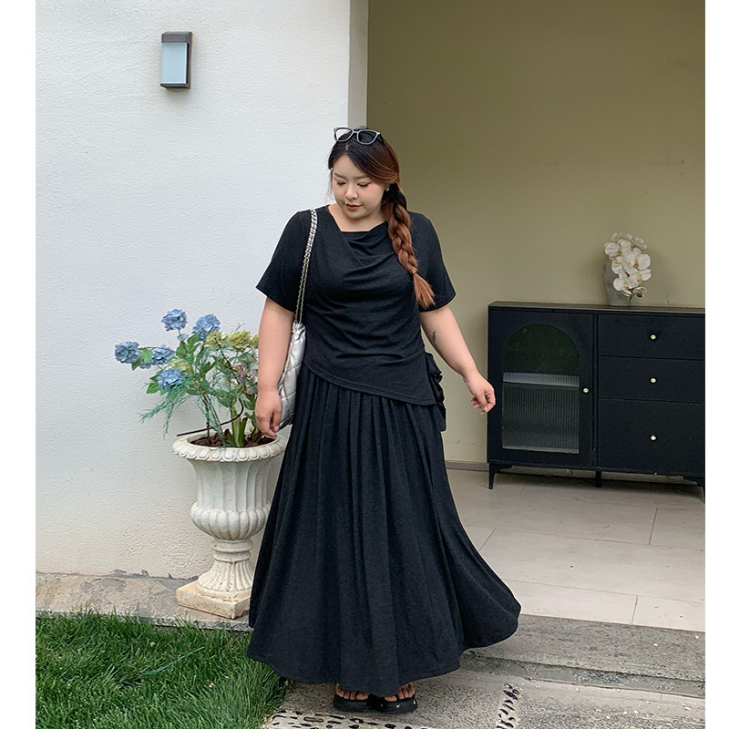 Milu家大码女装夏季韩系气质荡领上衣伞裙胖mm显瘦纸片人两件套装