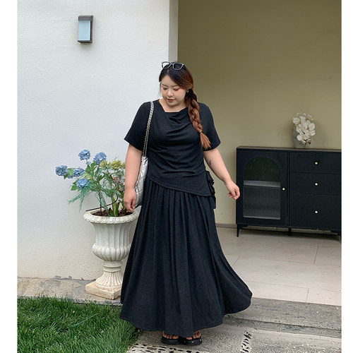 Milu家大码女装夏季韩系气质荡领上衣伞裙胖mm显瘦纸片人两件套装