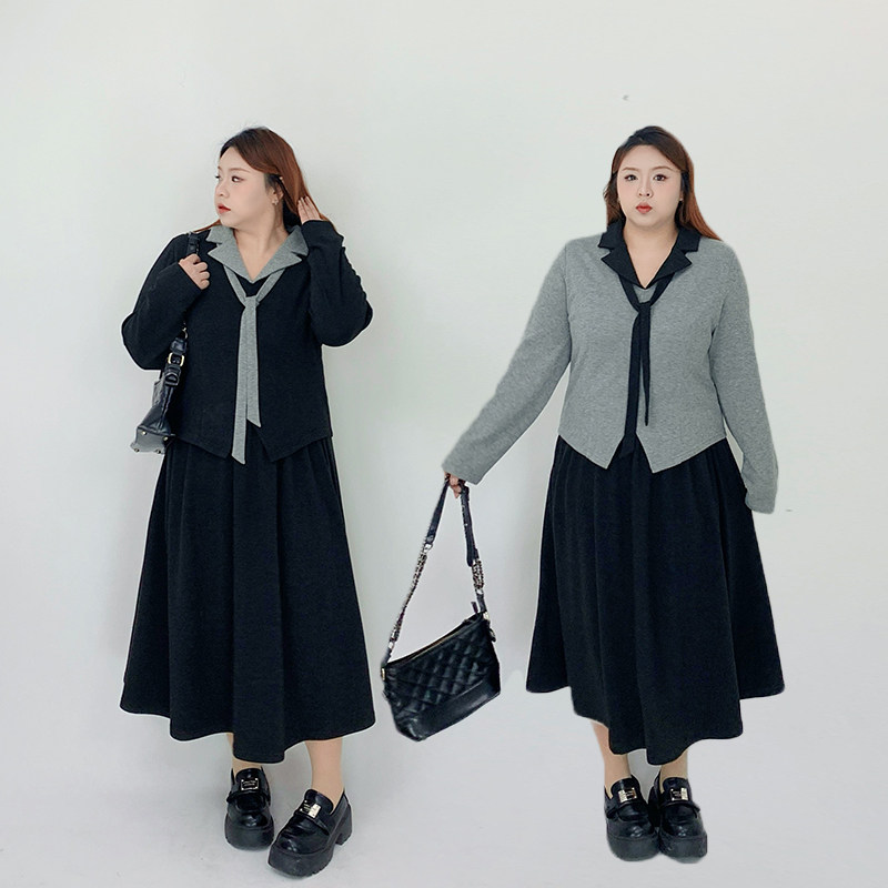 Milu家大码女装冬季韩系学院假两件领带上衣半身裙胖mm显瘦套装潮