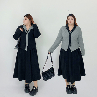 Milu家大码女装冬季韩系学院假两件领带上衣半身裙胖mm显瘦套装潮