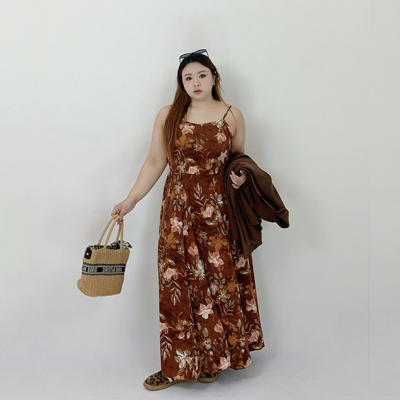 Milu家大码女装春夏季法式复古碎花长款内搭吊带连衣裙胖mm显瘦潮