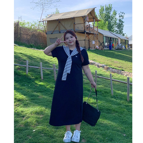 Milu家大码女装夏季简约休闲披肩胖mm显瘦圆领短袖t恤长款连衣裙
