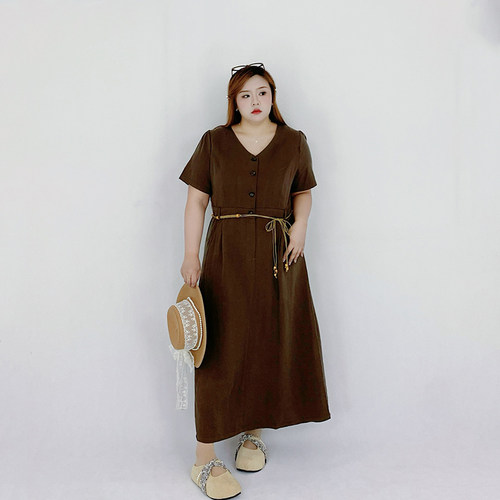 Milu家大码女装夏季美式复古气质v领收腰长款a字连衣裙胖mm显瘦潮