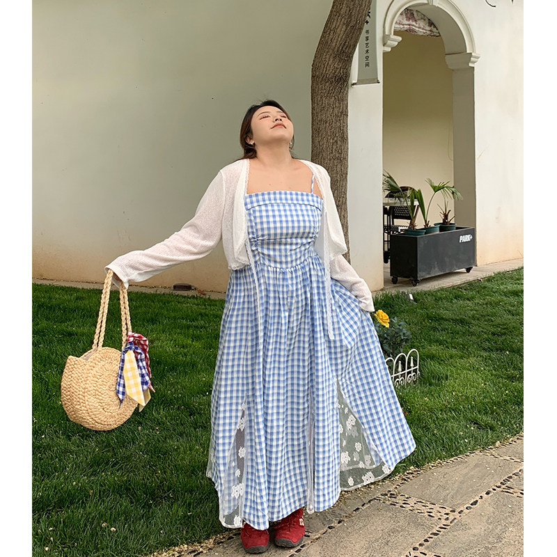 Milu家大码女装夏季度假网纱拼接格子吊带长款连衣裙开衫胖mm套装