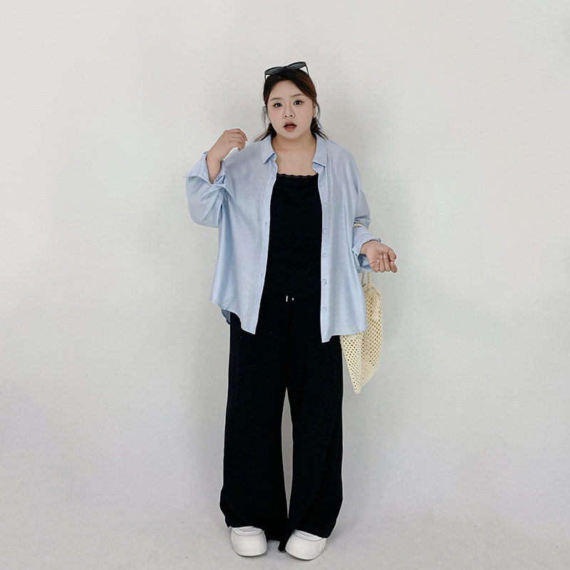 Milu家大码女装夏季休闲风吊带阔腿裤露背防晒衬衫胖mm显瘦套装潮