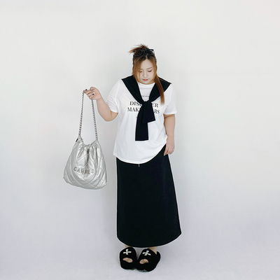 Milu家大码女装夏季宽松休闲披肩正肩短袖t恤半身裙胖mm显瘦套装