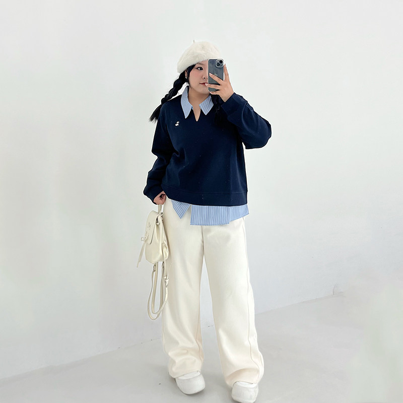 Milu家大码女装秋季假两件拼接polo领宽松衬衫卫衣胖mm显瘦上衣潮