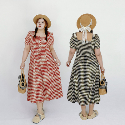 Milu家大码女装夏季方领格纹收腰长款a字连衣裙胖mm梨形身材显瘦