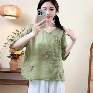 新中式斜襟盘扣刺绣花七分袖薄款苎麻衬衫女文艺国风上衣