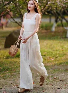 5350晓莲~复古苎麻半松紧腰刺绣平腹阔腿裤女文艺大码显瘦休闲裤