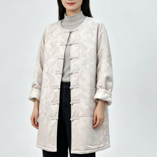 复古盘扣棉麻提花圆领夹棉加厚棉衣女冬文艺中长款国风保暖棉服