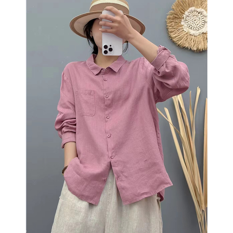 复古亚麻内里包边翻领长袖衬衫女春新款文艺宽松百搭显瘦休闲衬衣
