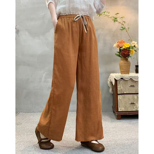 复古亚麻内里包边撞色松紧腰系带休闲裤女文艺宽松百搭显瘦直筒裤