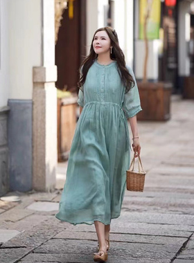 5267晓莲~复古苎麻木耳领双层系带连衣裙女文艺大码气质显瘦长裙