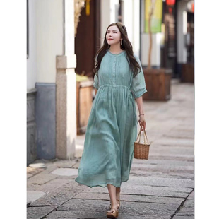 5267晓莲~复古苎麻木耳领双层系带连衣裙女文艺大码气质显瘦长裙