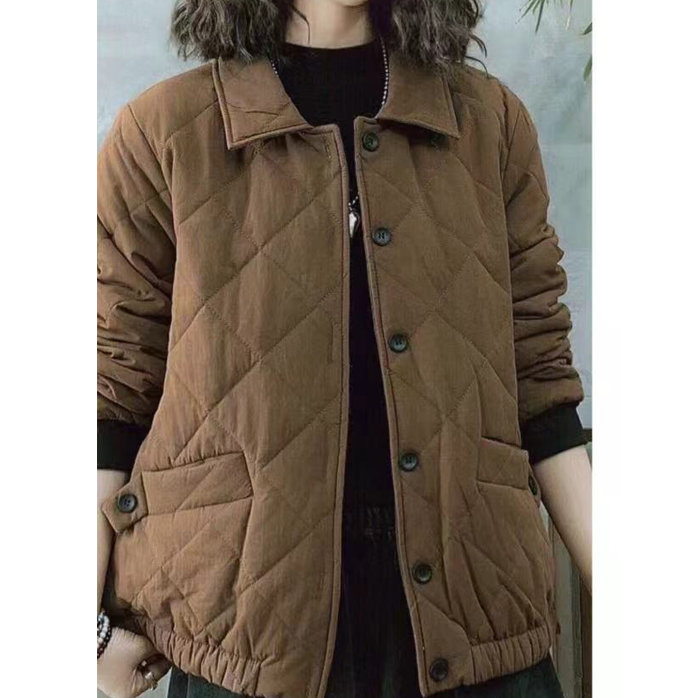 复古棉麻菱格压线格子夹棉加厚保暖棉服女冬文艺大码显瘦休闲上衣