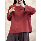 复古盘扣棉纱立领长袖 衬衣 显瘦国风新中式 衬衫 女秋文艺大码