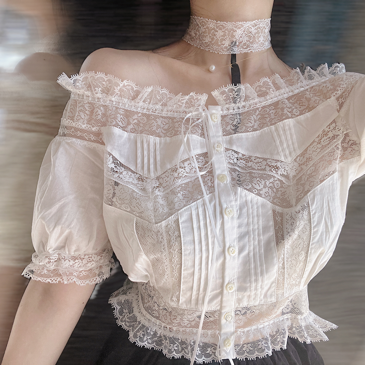 蕾丝吊坠腰部系带t字配饰项链