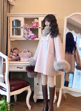 KOKI石原里美大衣钻扣狐狸毛羊毛骆驼绒双面呢斗篷中长款毛领外套