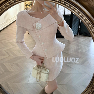 LUOLUOZ【山茶叙雅】小香风粗花呢收腰短外套半身裙套装女JF1627