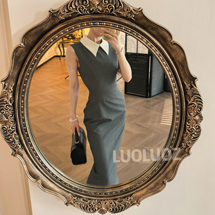 优雅连衣裙 高级感气质撞色领口收腰灰色长款 LUOLUOZ 天空之境