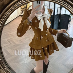 LUOLUOZ【棕序诗章】法式复古棕色小香风套装女蝴蝶结减龄JF1556