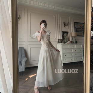 LUOLUOZ【幻梦星河】法式重工立体花朵连衣裙一字肩收腰大摆长裙