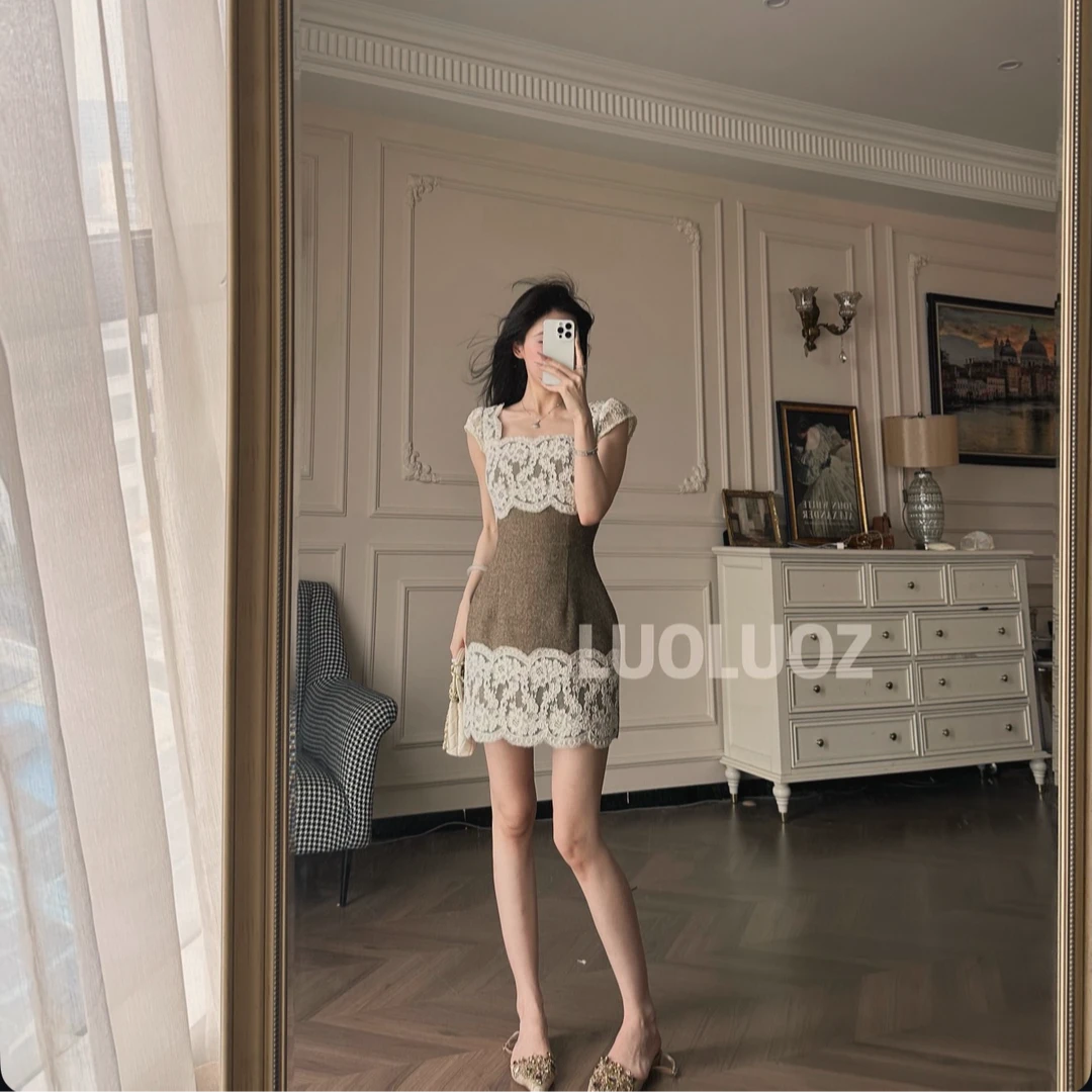 LUOLUOZ【半岛风情】设计感拼接针织连衣裙 方领收腰蕾丝A字短裙