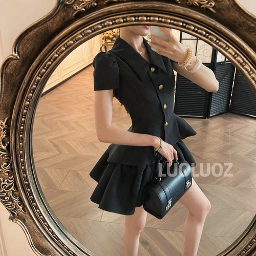 LUOLUOZ【飒爽小礼】黑色翻领金扣收腰上衣半身裙两件套女JF1404