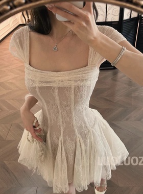 LUOLUOZ【云纱月缕】法式温柔风气质方领时尚收腰蕾丝仙女连衣裙